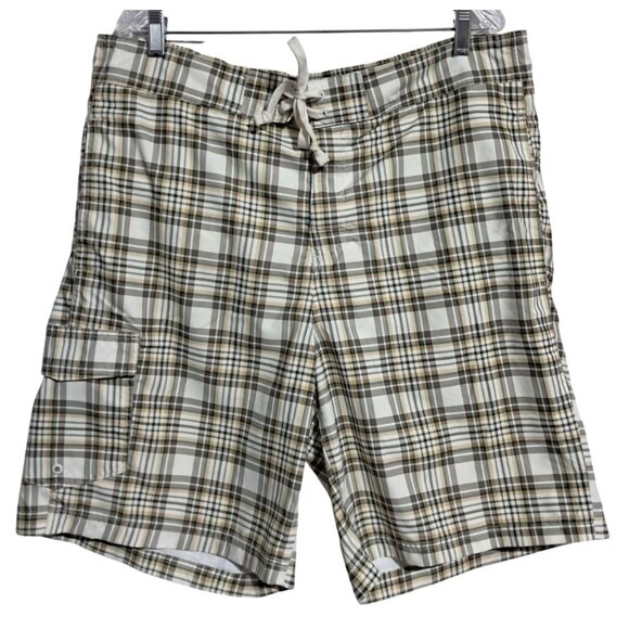 Chaps Other - Chaps Plaid Swim Trunks Mens XL Beige White Polyester Mesh Lined Drawstring